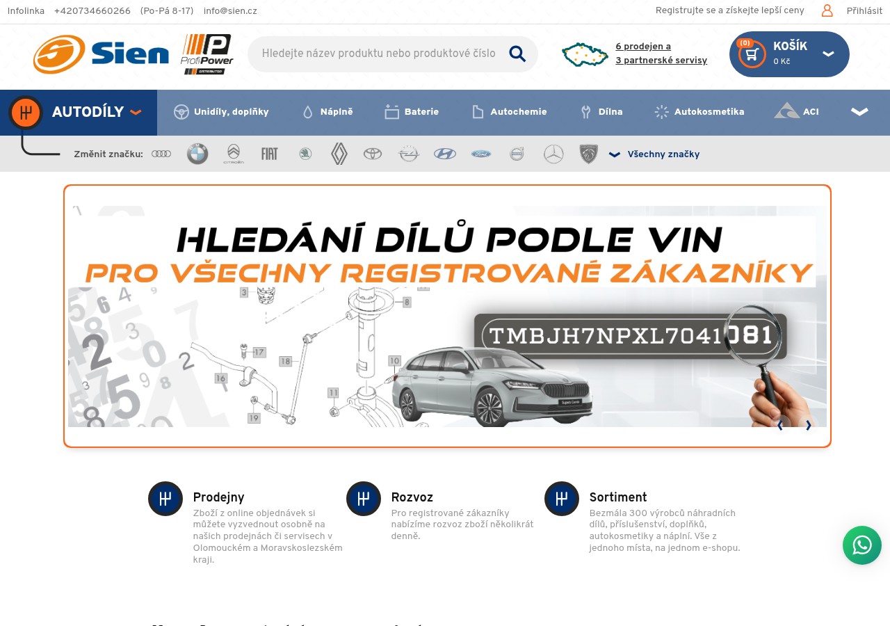 E-shop s autodíly Sien postavený na platformě EParts Group – vyhledávání dílů podle vozidla i VIN